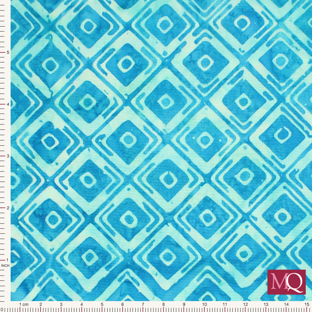 Cotton quilting fabric with turquoise batik squares in all over pattern