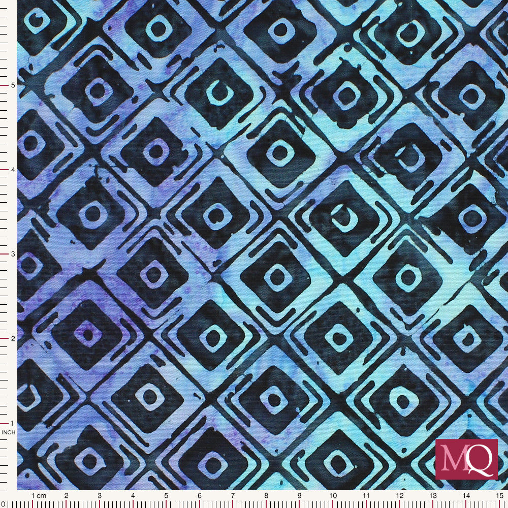 Cotton quilting fabric with high contrast black and blue batik squares