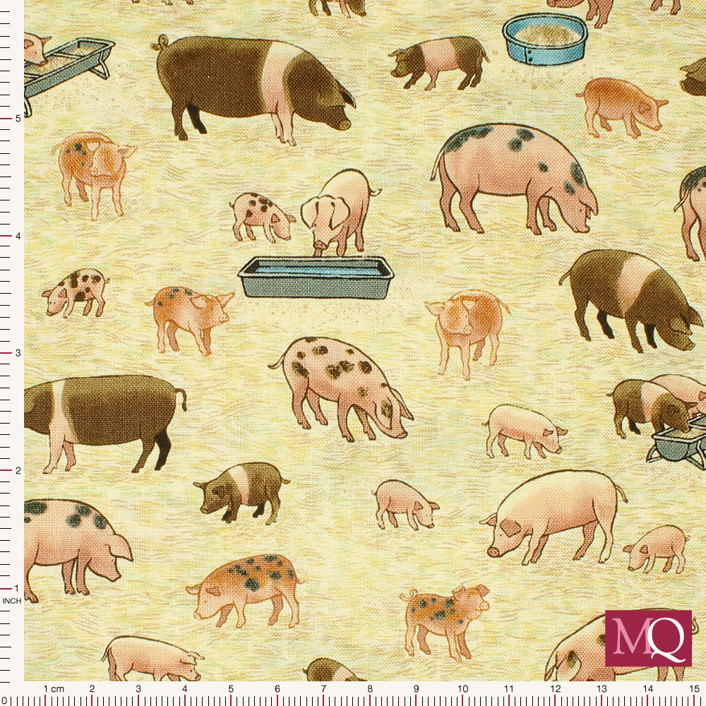 Cotton quilting fabric featuring a farmyard design focusing on pigs of different sizes and colours