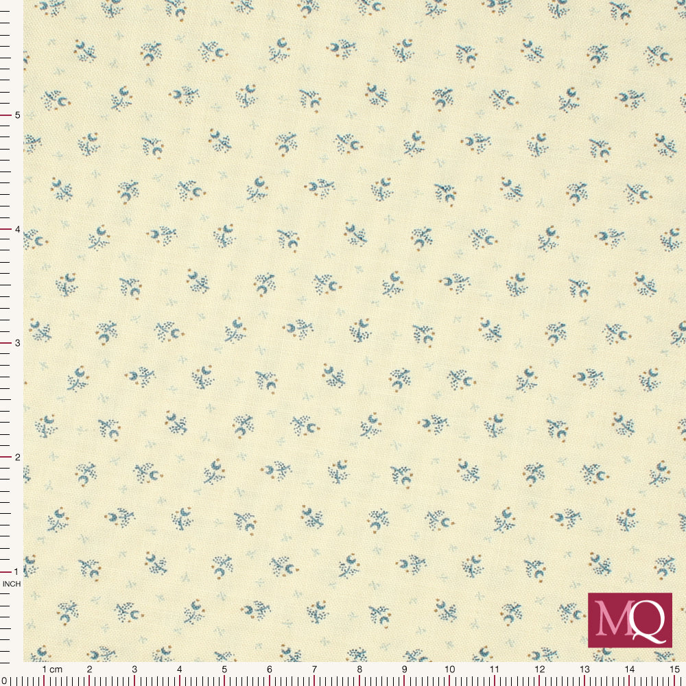 Cotton quilting fabric with vintage inspired delicate floral pattern on cream background