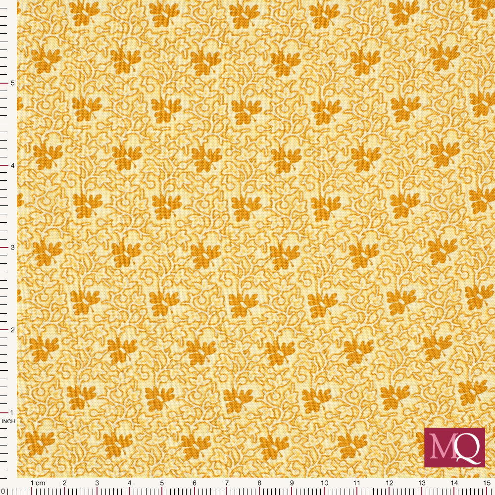 Cotton quilting fabric with traditional dainty floral design in mustard tones
