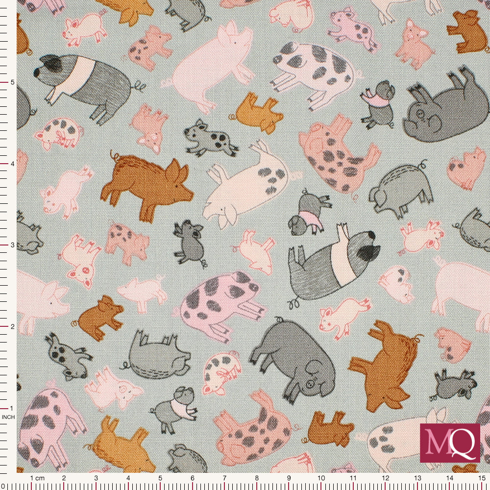 Cotton quilting fabric with various types of hand drawn pig on a light grey background