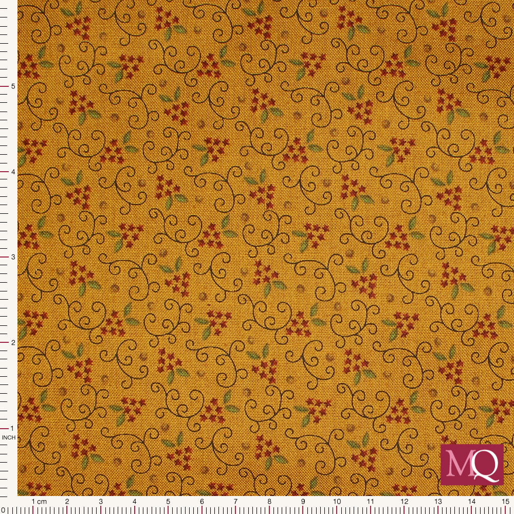 Cotton quilting fabric with traditional feel in a deep golden mustard colour with delicate floral design