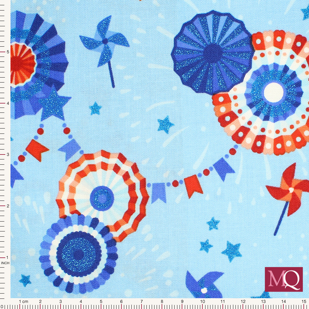 Cotton quilting fabric with red white and blue theme featuring rosettes, bunting and stars