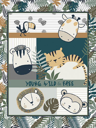 Cotton quilting panel with wild animals and jungle leaves