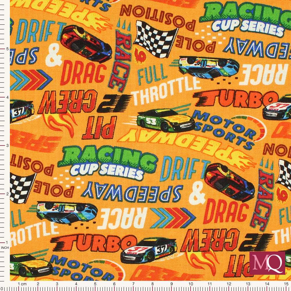 Cotton quilting fabric with race cars and track phrases on orange