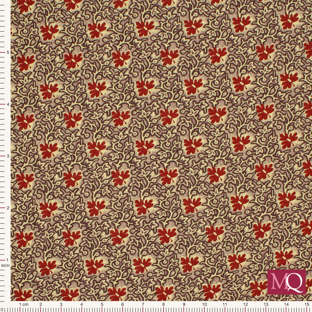 Cotton quilting fabric with traditional delicate floral design featuring burnt red and brown
