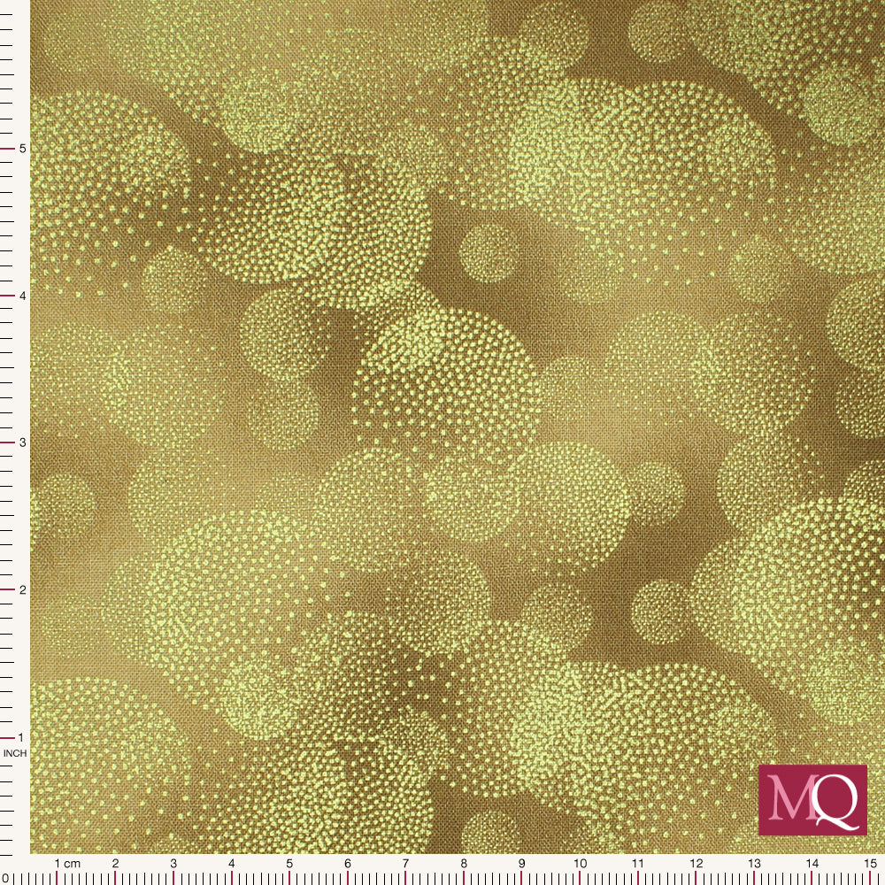 Cotton quilting fabric with circles of gold dots
