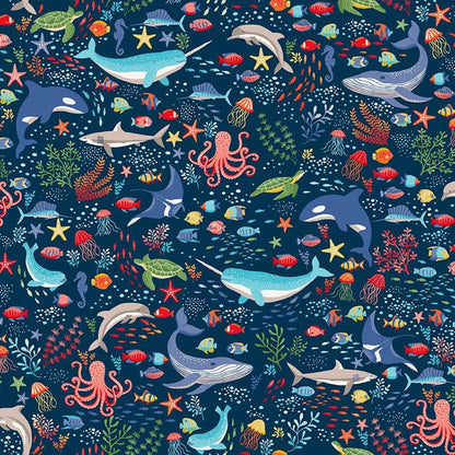 Deep Blue Sea by Makower -Sea Creatures Dark Blue