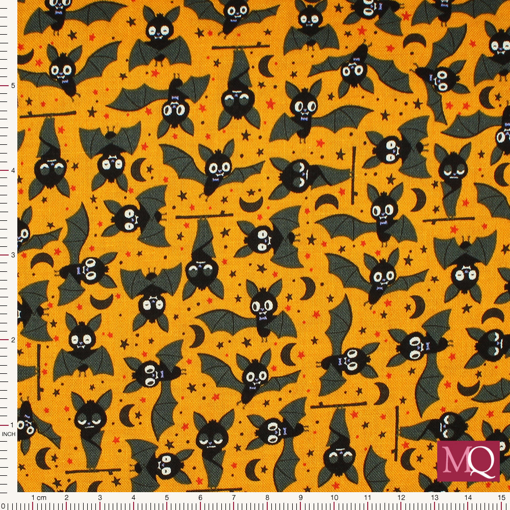 Cotton quilting fabric with novelty cartoon Halloween bat print on orange background