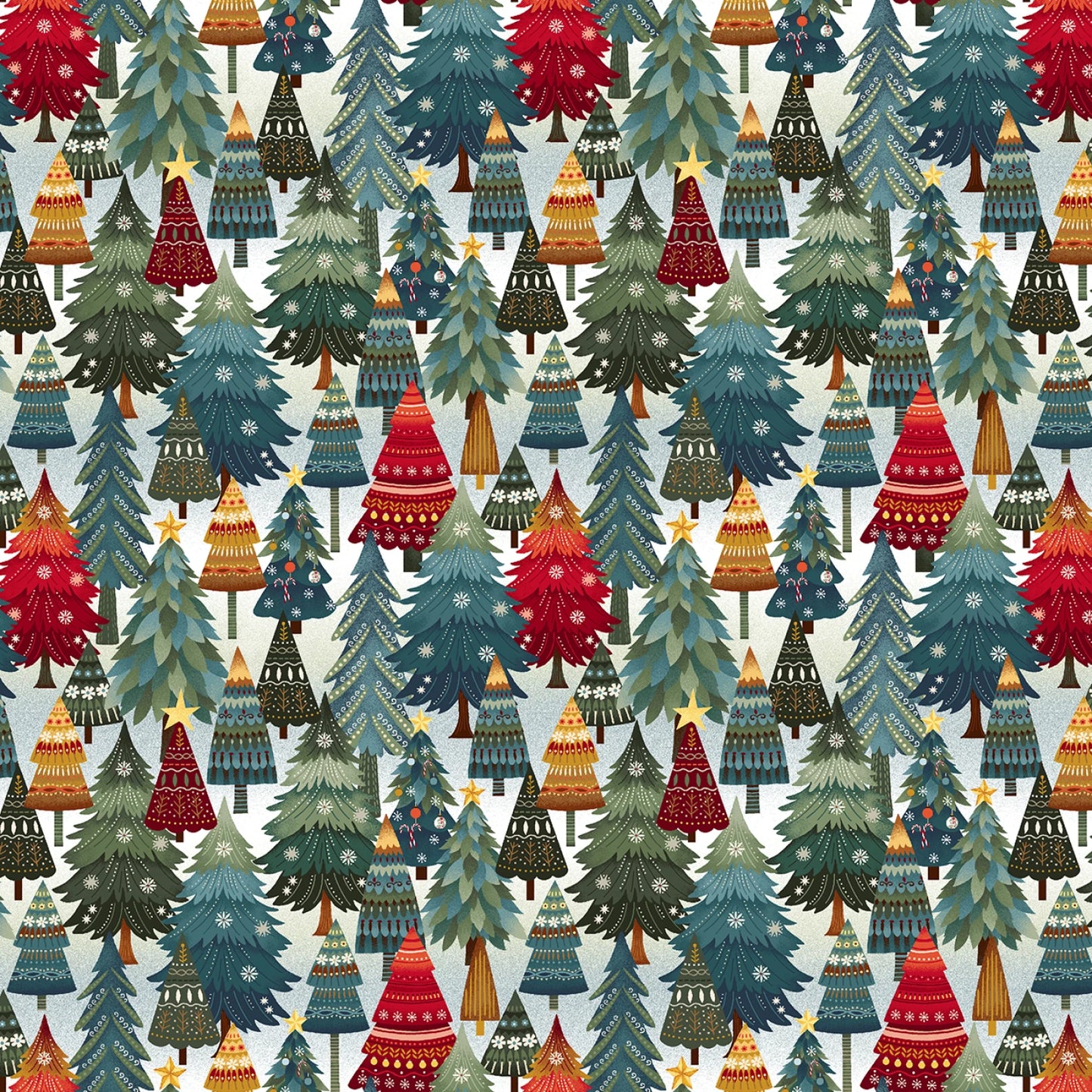 Nordic Holiday Village  by Mary Jane Carey for Henry Glass -  Ice Blue Multi Stacked Trees3606-17