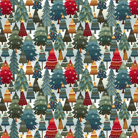 Nordic Holiday Village  by Mary Jane Carey for Henry Glass -  Ice Blue Multi Stacked Trees3606-17