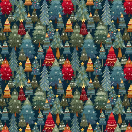 Nordic Holiday Village  by Mary Jane Carey for Henry Glass -  Dark Blue Multi Stacked Trees 3606-77