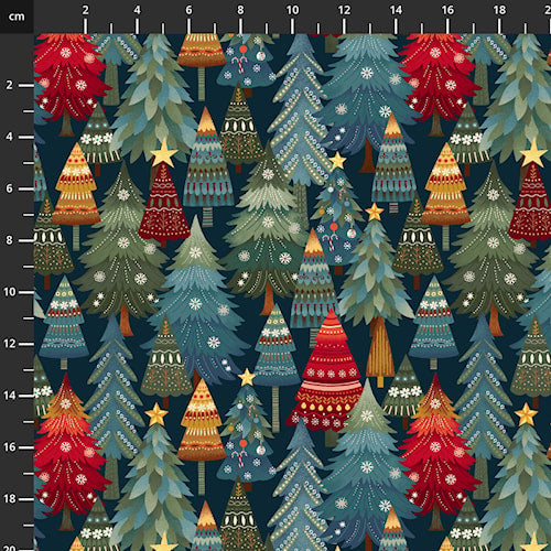 Nordic Holiday Village  by Mary Jane Carey for Henry Glass -  Trees on Blue  3606-77