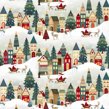 Nordic Holiday Village  by Mary Jane Carey for Henry Glass - Cream Multi Santa Scene  3613-044