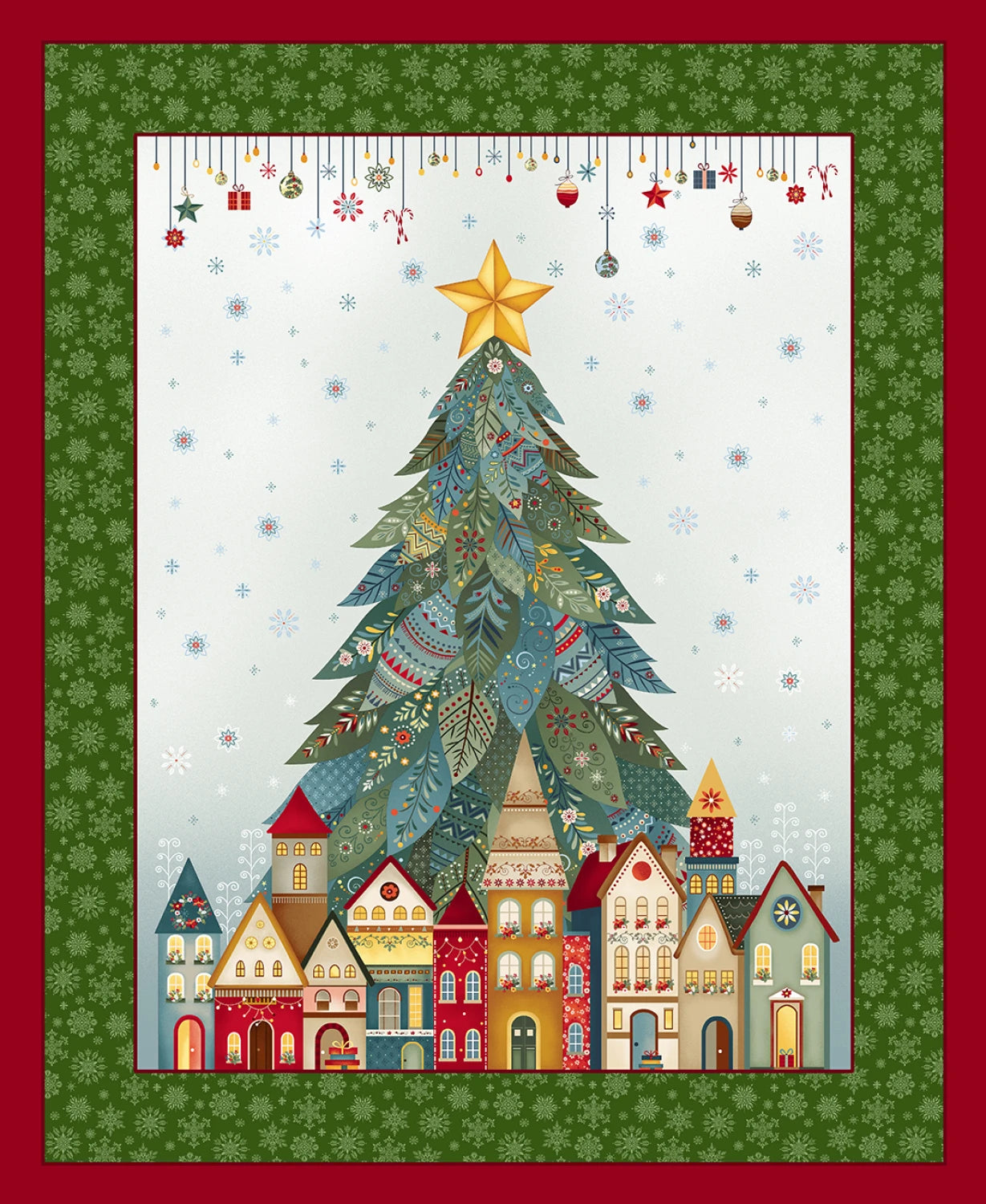 Nordic Holiday Village Panel  by Mary Jane Carey for Henry Glass - Ice Blue Multi Tree Panel 36 x 44 Inches