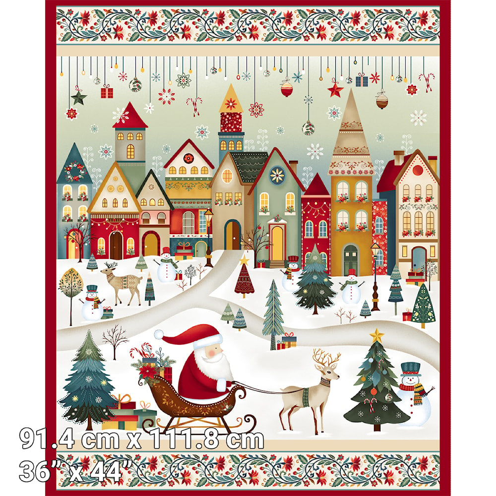 Nordic Holiday Village PANEL 36in x 43in Panel by Mary Jane Carey for  Henry Glass - Santa and Sleigh