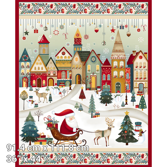 Nordic Holiday Village PANEL 36in x 43in Panel by Mary Jane Carey for  Henry Glass - Santa and Sleigh