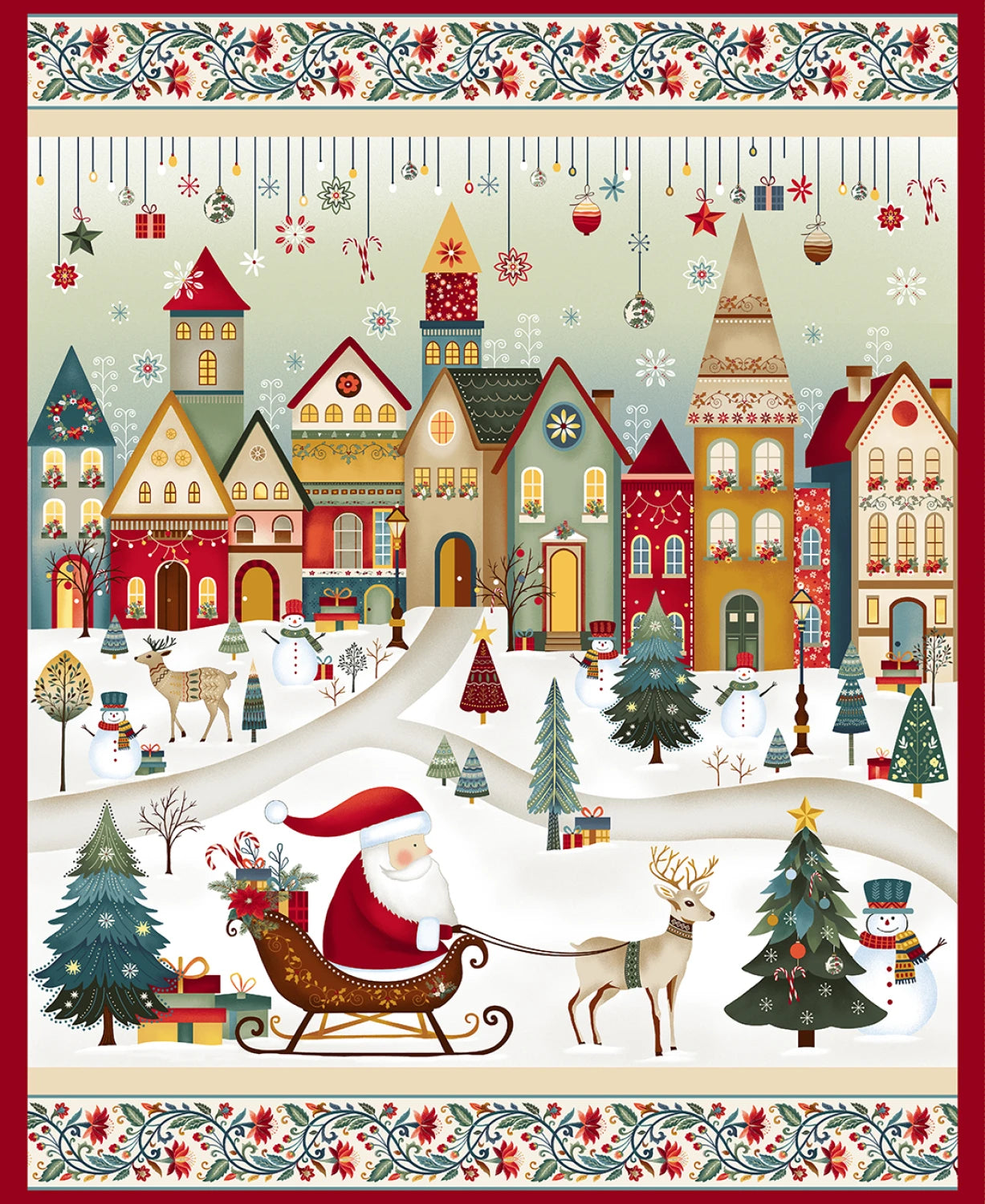 Nordic Holiday Village Panel  by Mary Jane Carey for Henry Glass -Cream Multi Santa Scenic Panel 36 x 44 Inches