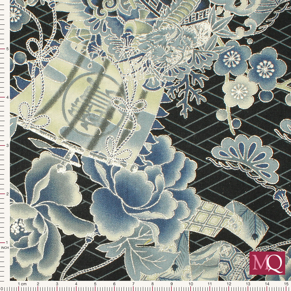 Cotton quilting fabric with Japanese print and silver highlights