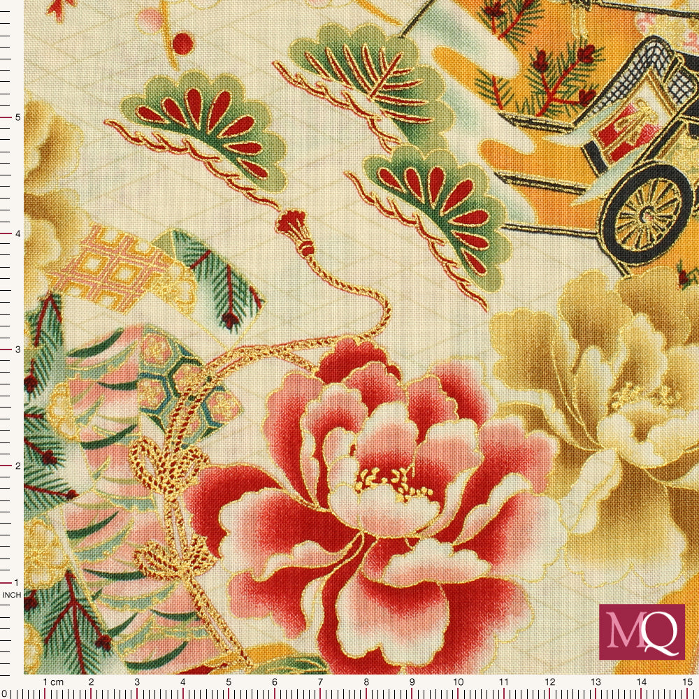 Cotton quilting fabric with Japanese design featuring flowers and symbols