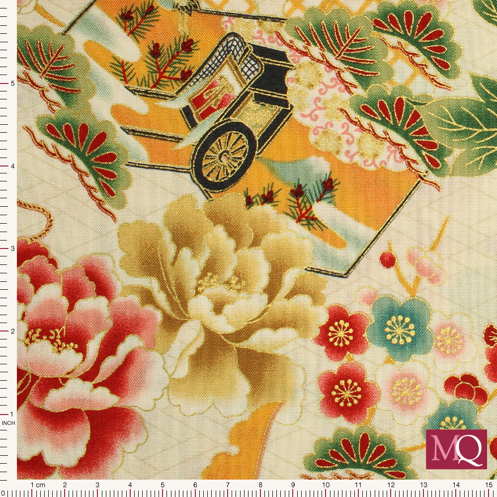 Cotton quilting fabric with Japanese design featuring flowers and symbols