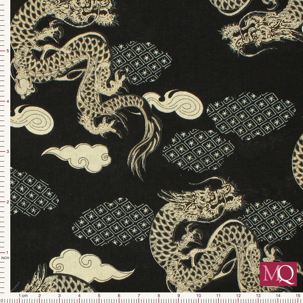 Cotton quilting fabric with traditional Japanese dragon design.