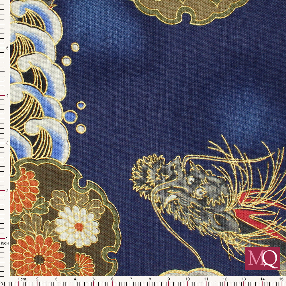 Cotton quilting fabric with traditional Japanese dragon design on blue