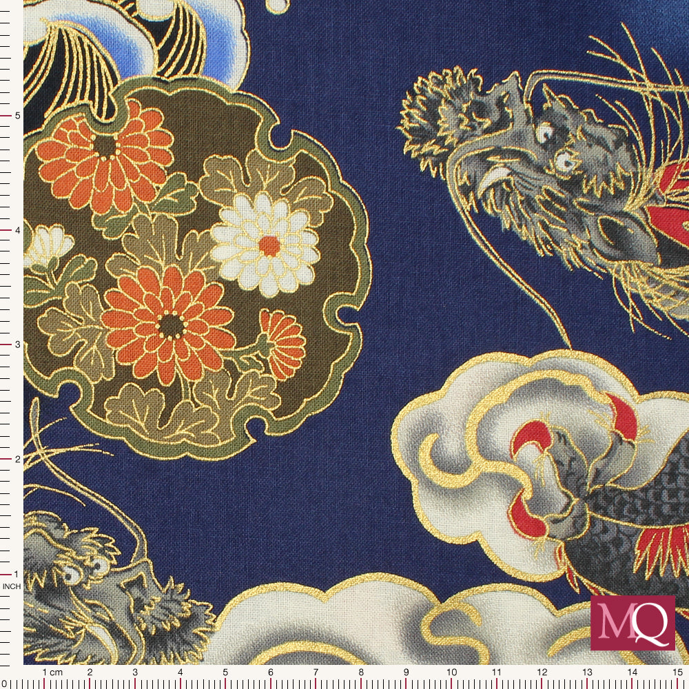 Cotton quilting fabric with traditional Japanese dragon design on blue