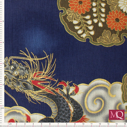 Cotton quilting fabric with traditional Japanese dragon design on blue