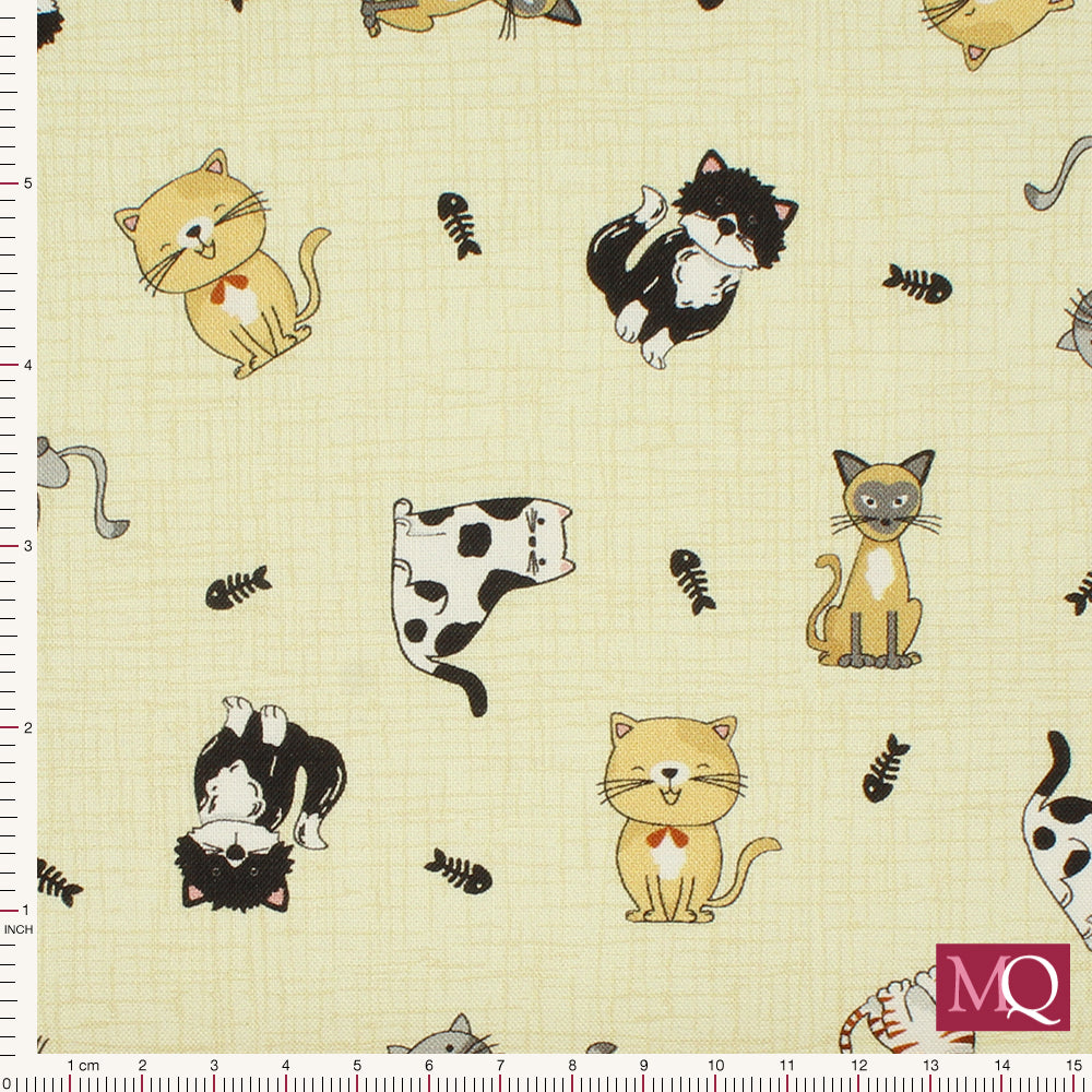 Cotton quilting fabric with novelty cat print on cross hatched cream colours