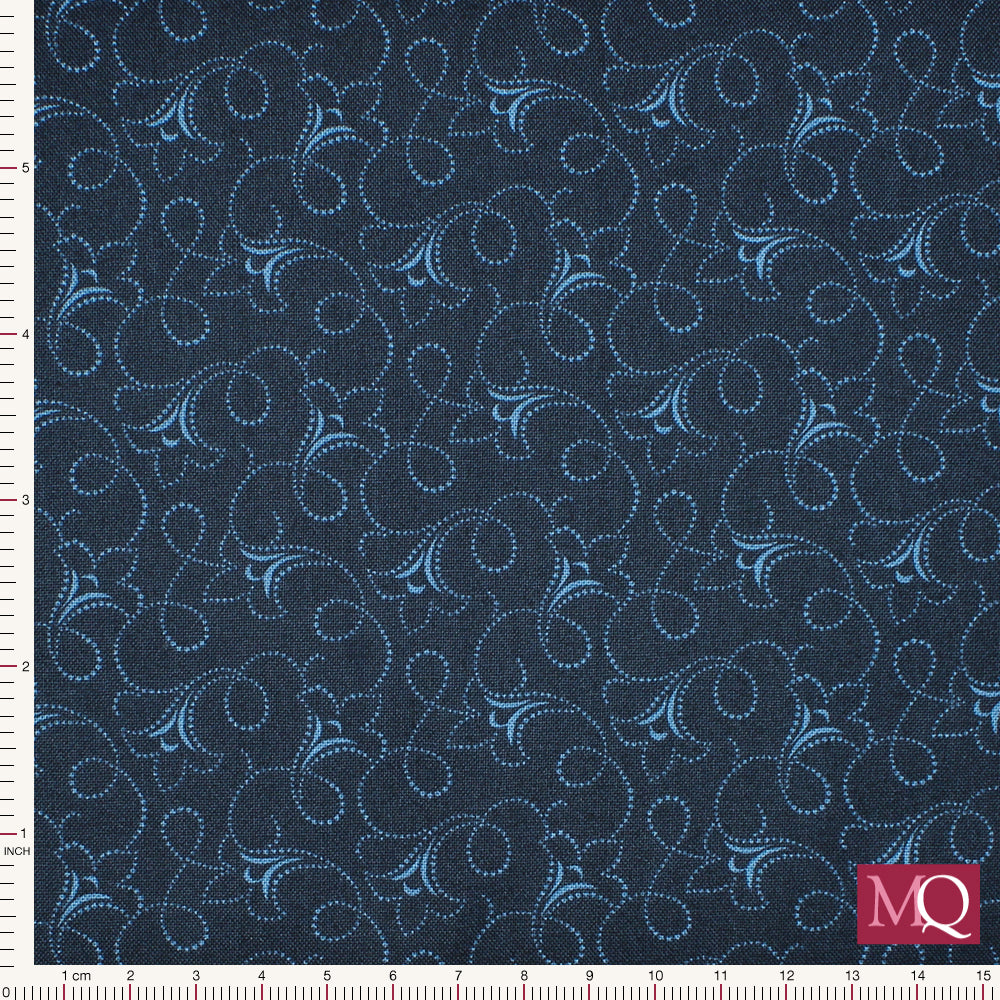 Cotton quilting fabric with traditional delicate dotted design in blue on navy background