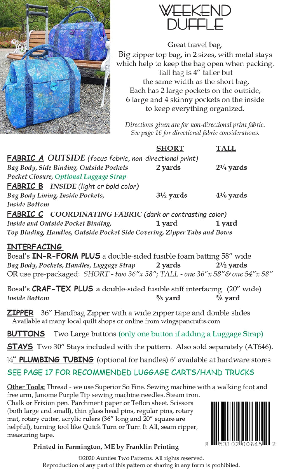 Weekend Duffle  Pattern by Aunties Two Patterns