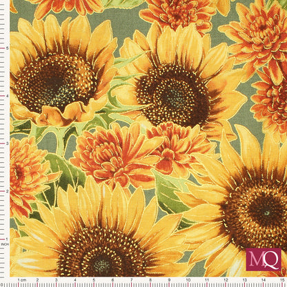 Cotton quilting fabric with sunflower design and gold highlights