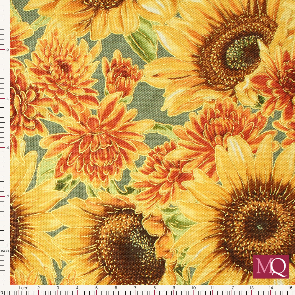 Cotton quilting fabric with sunflower design and gold highlights