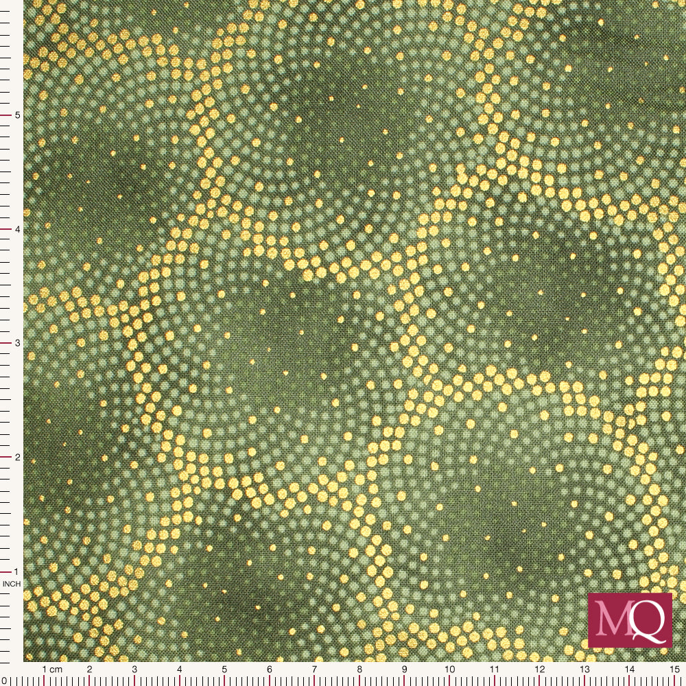 Cotton quilting fabric with dotted concentric design in mossy green with gold highlights