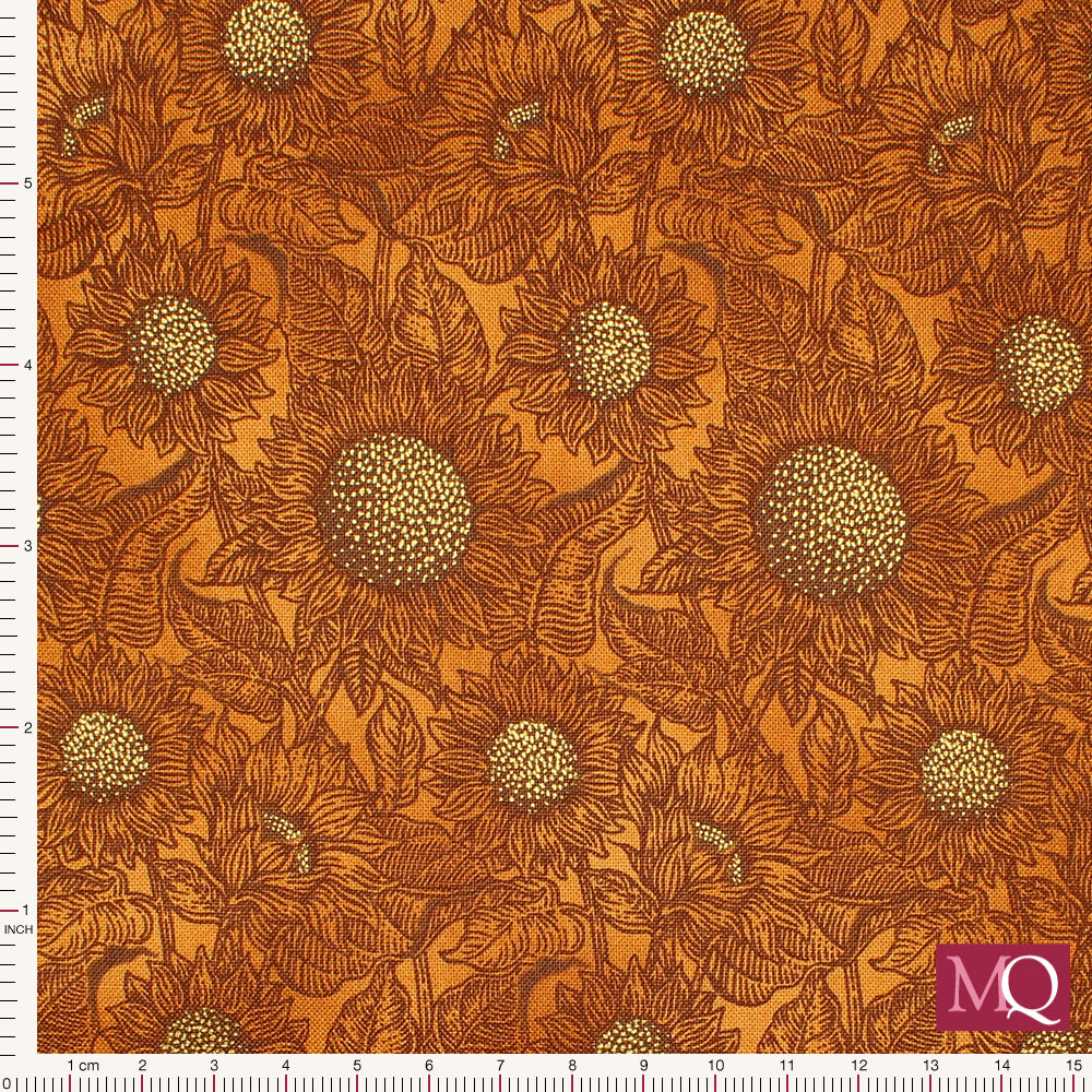 Cotton quilting fabric with warm orange tonal design featuring sunflowers and gold highlights