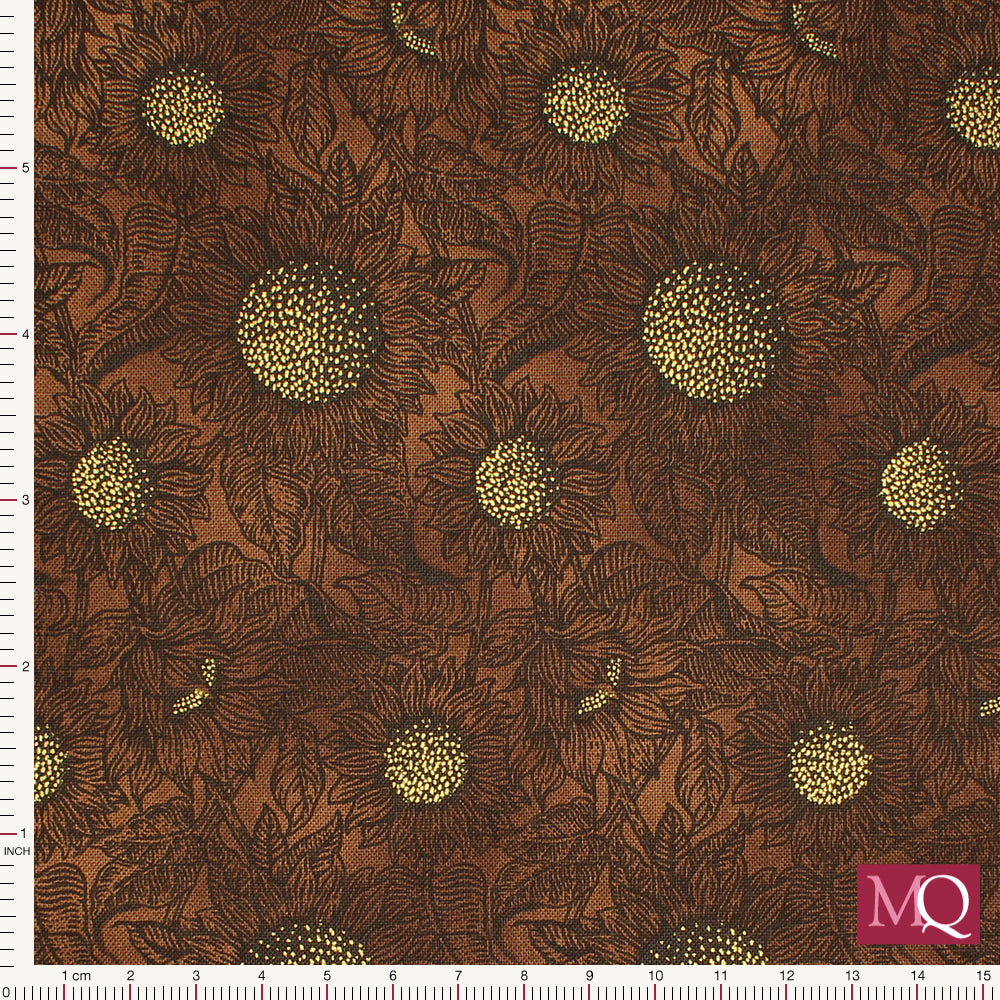 Cotton quilting fabric with tonal brown sunflower design and orange highlights