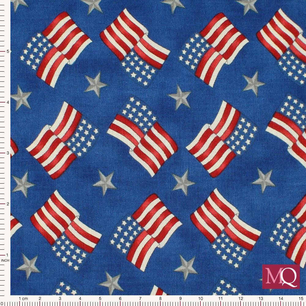 Blue Cotton Quilting Fabric with American Flags and Stars