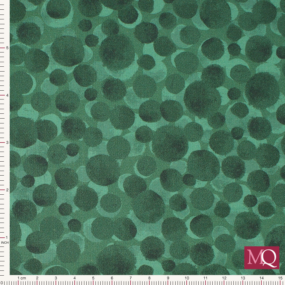 Cotton quilting fabric with painterly splotches in tonal jewel greens