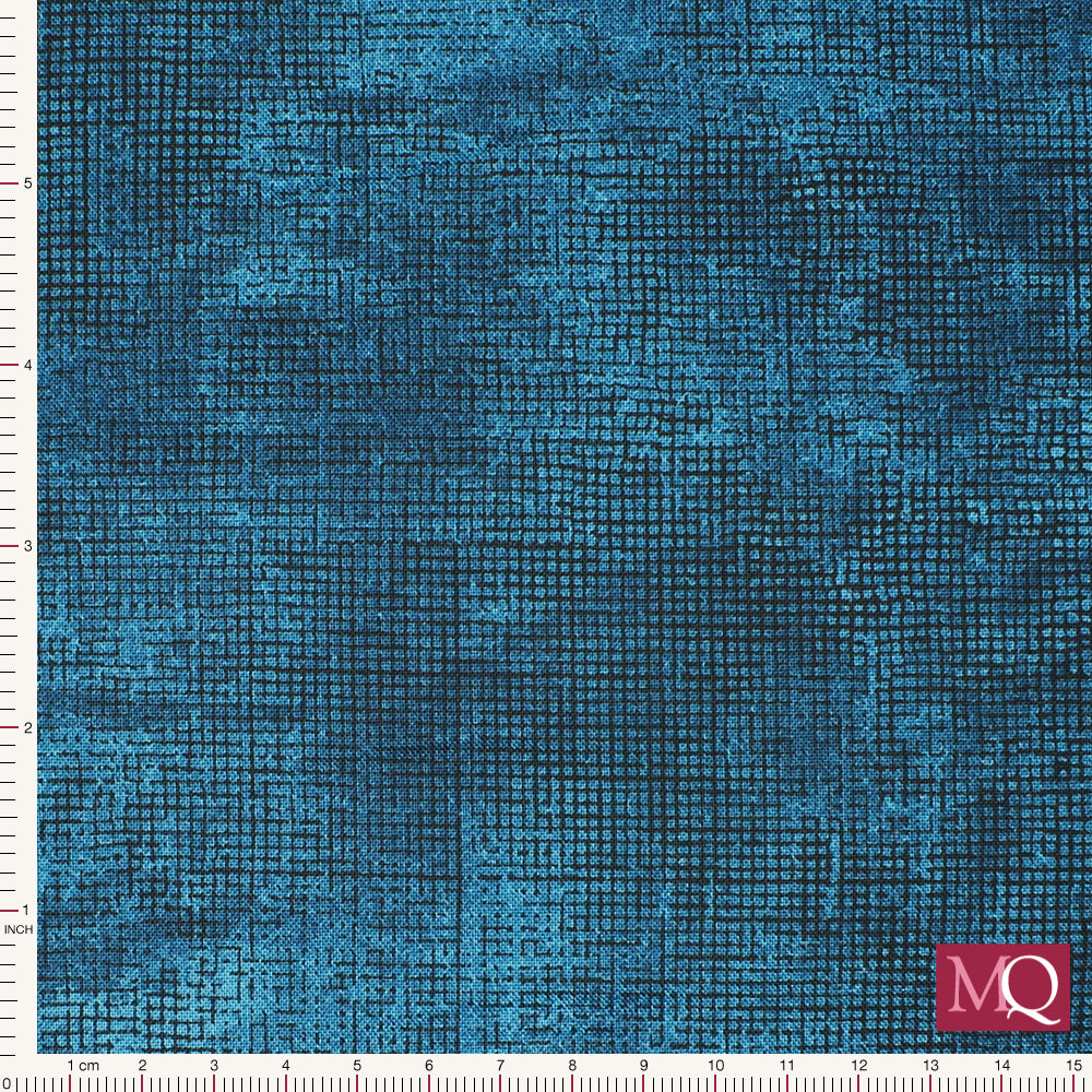 Cotton quilting fabric with cross hatched printed texture in mottled tonal sea blues