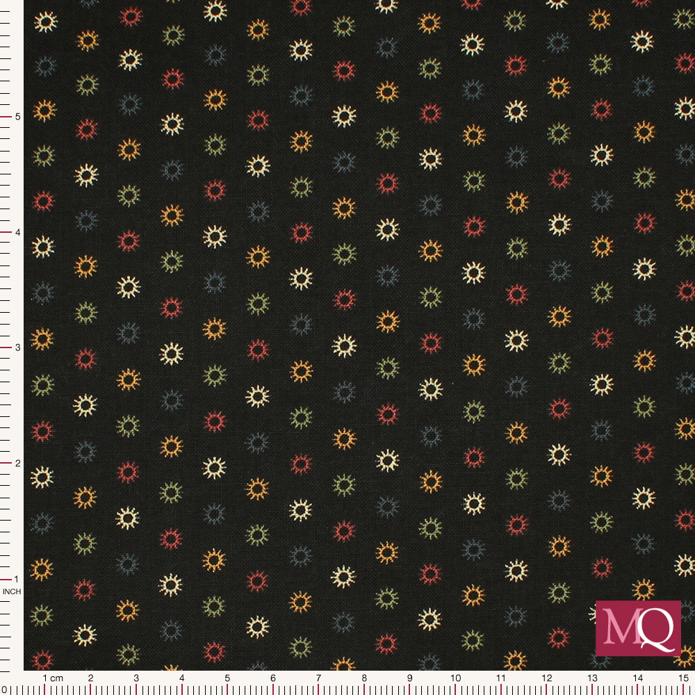 Cotton quilting fabric in black with all over abstract dots in traditional autumnal colours