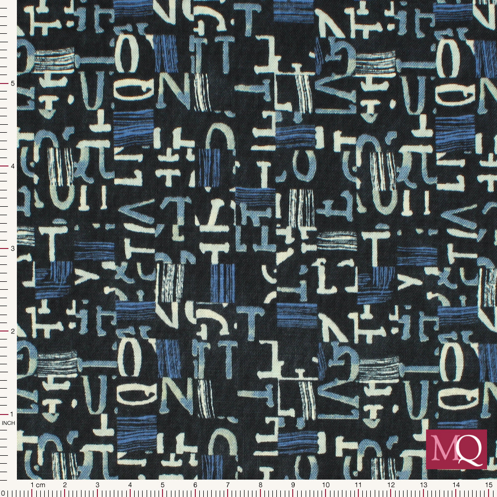 Cotton quilting fabric in tonal blues featuring abstract letters in a grid