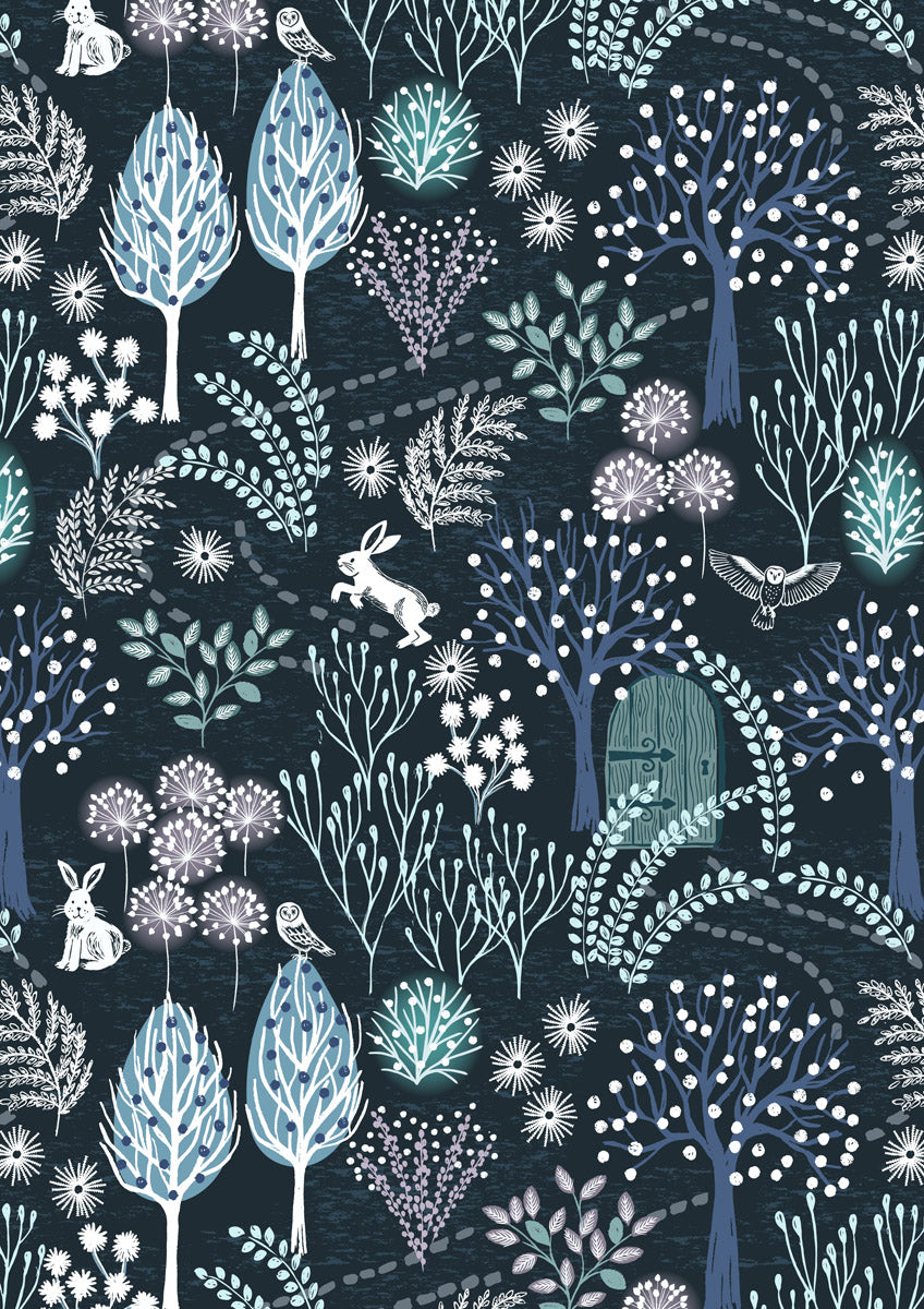 The Secret Winter Garden Flannel from Lewis and Irene - Secret Garden on Midnight Blue