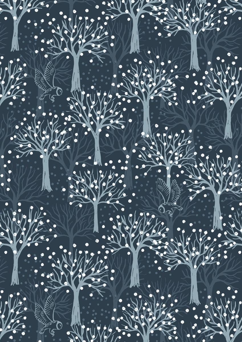 The Secret Winter Garden Flannel from Lewis and Irene - Owl Orchard on Dark Blue