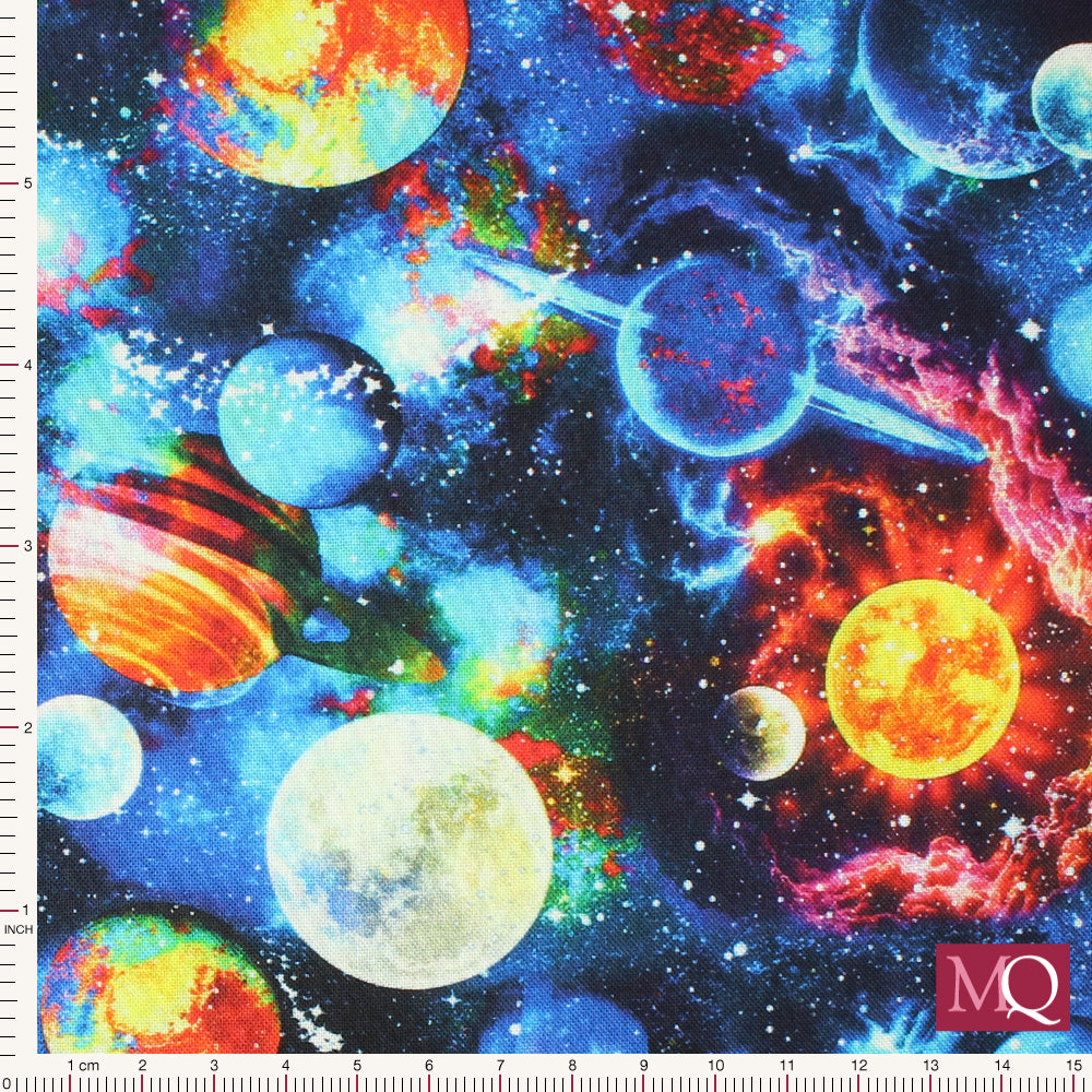 Cotton quilting fabric featuring planets in space