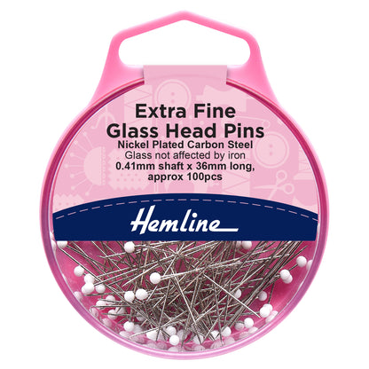 Hemline Extra Fine Glass Head Pins - 0.41mm x 35mm
