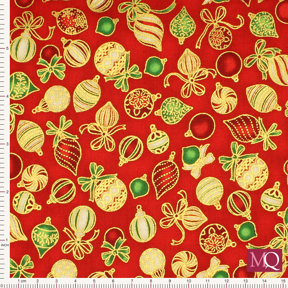 Cotton quilting fabric with mottled red background and green, red and gold Christmas baubles