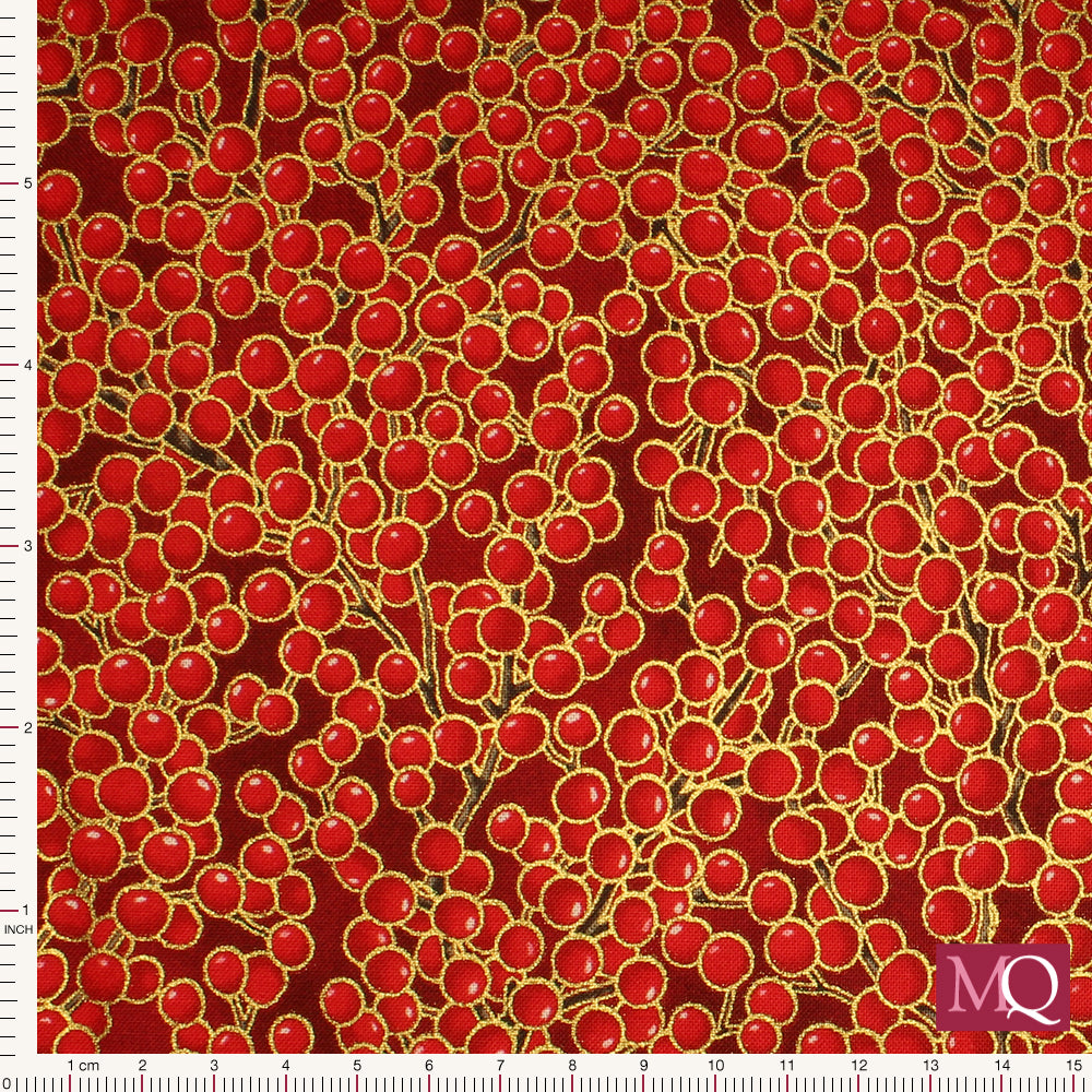 Cotton quilting fabric with berries and gold highlights