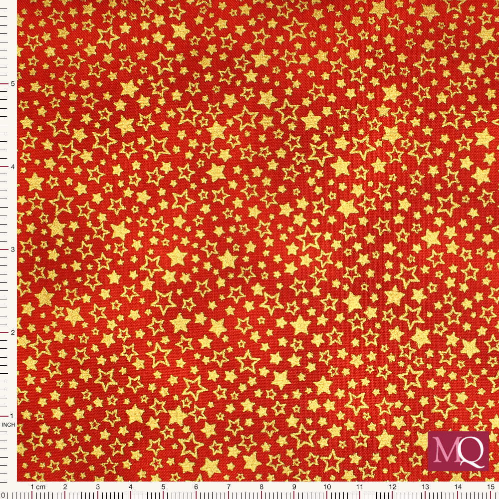 Cotton quilting fabric with mottled red background and tiny gold stars all over